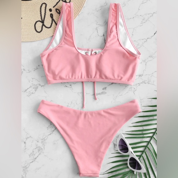 *NWOT* ZAFUL Lace Up Padded Bikini Set Flamingo Pink - Picture 3 of 4